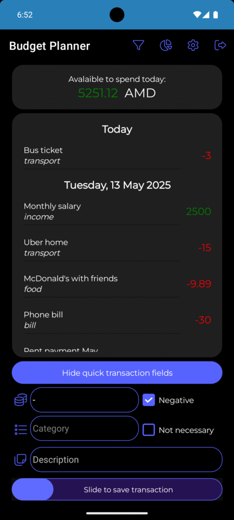 BudgetPlanner mainpage